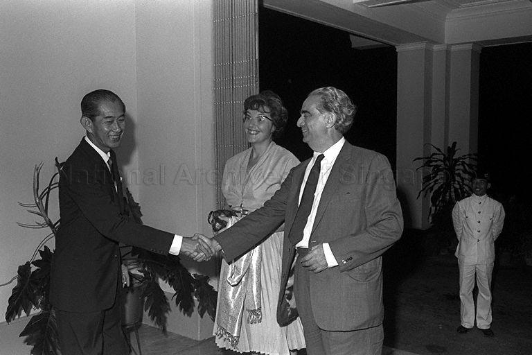 Chief Justice Wee Chong Jin welcoming former Chief Minister of the State David Marshall to dinner hosted by Chief Justice in his residence at 1 Nassim Road