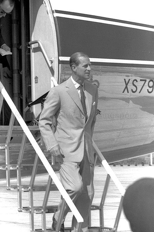 Duke of Edinburgh Prince Philip disembarking from his plane when he arrives in Singapore for a two-day state visit.