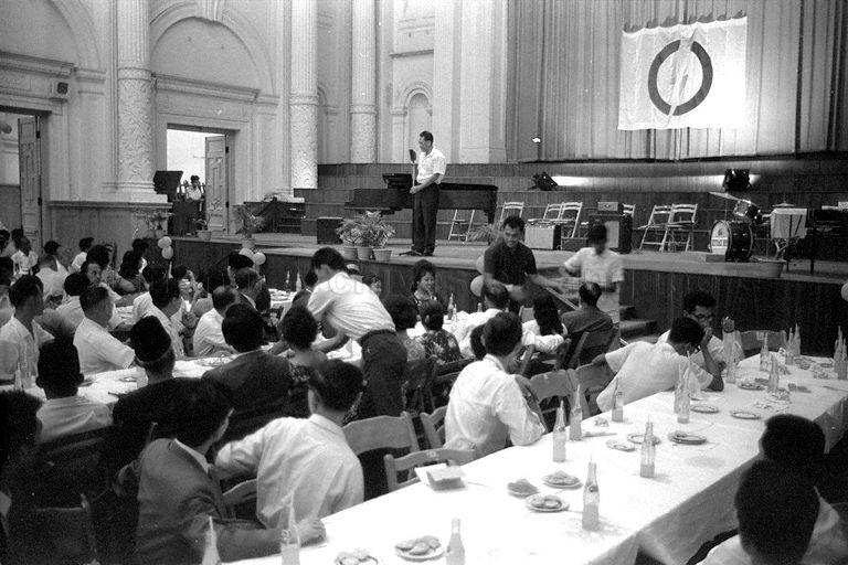 Prime Minister Lee Kuan Yew speaking during Hari Raya-Chinese New Year dinner organised by Malay Bureau of People's Action Party at Victoria Memorial Hall