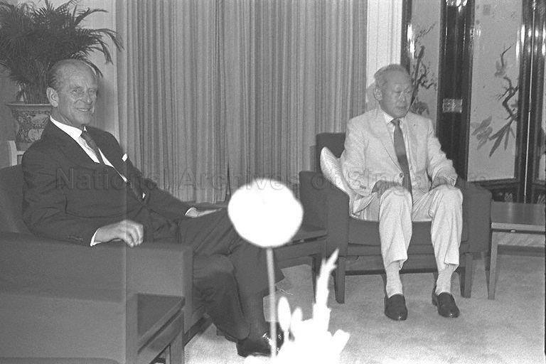Duke of Edinburgh Prince Philip seen here with Prime Minister Lee Kuan Yew during a courtesy call with Queen Elizabeth II in the Istana.  The Queen is here on a three-day state visit at the invitation of President and Mrs Wee Kim Wee.