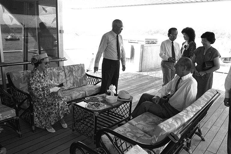 Queen Elizabeth II and the Duke of Edinburgh Prince Philip with Chairman of Port of Singapore Authority (PSA) Lim Kim San, Executive Director Ng Kiat Chong and Lady-in-Attendance Mrs Tony Tan (right) during a tour of the Singapore Waterfront on board Harbour Queen, a PSA vessel. &nbsp;The Queen is here on a three-day state visit at the invitation of President and Mrs Wee Kim Wee.