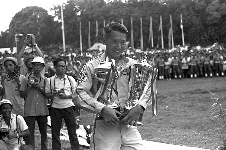 Albert Poon from Hong Kong with his trophies after winning the fourth Malaysia Grand Prix (also known as Malaysian Grand Prix)