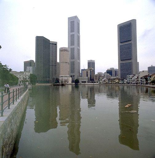 Singapore River and Raffles Place financial district; building in the centre is Overseas Union Bank (OUB) Centre