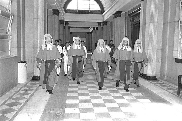 (From left) Judicial Commissioner Chan Sek Keong, Mr Justice Lai Kew Chai, Mr Justice F A Chua, Mr Justice T S Sinnathuray and Judicial Commissioner Chao Hick Tin at opening of legal year 1988 held at Court No. 4 of the Supreme Court at St Andrew's Road