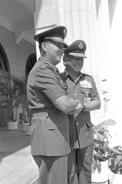 Indonesian Armed Forces Commander-in-Chief General Try Sutrisno with Chief of the General Staff Major General Winston Choo at Ministry of Defence in Tanglin when the visiting General calls on First Deputy Prime Minister and Minister for Defence Goh Chok Tong