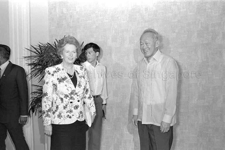 British Prime Minister Mrs Margaret Thatcher, who is on a two-day official visit to Singapore, calling on Prime Minister Lee Kuan Yew at the Istana