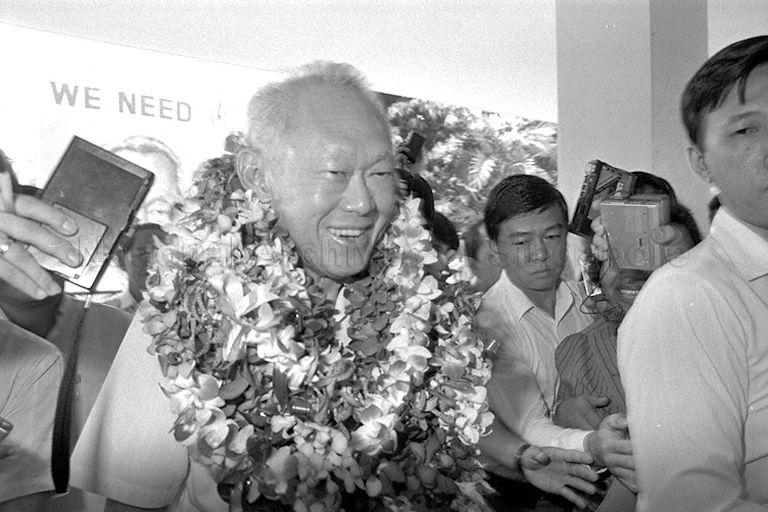 People's Action Party (PAP) candidate for Tanjong Pagar Prime Minister Lee Kuan Yew at Singapore Conference Hall on nomination day for the General Election on 3 September 1988