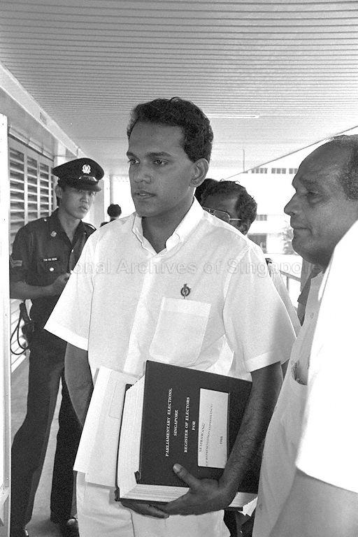 General Election 1988 - One of People's Action Party's (PAP) candidates for Sembawang Group Representation Constituency (GRC) Shanmugam s/o Kasiviswanathan at Yishun Secondary School on nomination day for the General Election on 3 September 1988