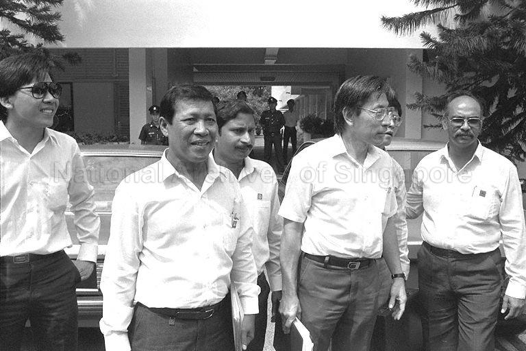 General Election 1988 - Singapore Democratic Party (SDP) candidate for Kim Keat Mohamed Shariff bin Yahya (second from left) and SDP candidate for Potong Pasir Chiam See Tong (second from right) with party members at Braddell Secondary School, the nomination centre for Toa Payoh Group Representation Constituency (GRC) and single member constituencies of Braddell Heights, Kim Keat, Potong Pasir and Tanglin, on nomination day