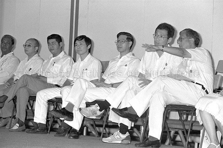 People's Action Party (PAP) election rally at Clementi Stadium for Pasir Panjang Group Representation Constituency (GRC) during the 1988 General Election. Among those on stage from right are Ch'ng Jit Koon, Brigadier-General Lee Hsien Loong, Ong Teng Cheong and Dr John Chen.