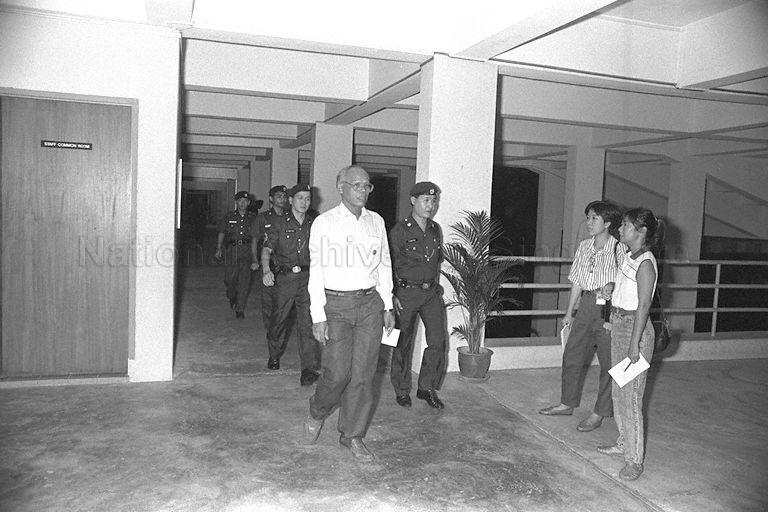 General Election 1988 - One of Workers' Party's (WP) candidates for Jalan Besar Group Representation Constituency (GRC) Mohamad b Idris (centre) at Victoria School counting centre during General Election 1988