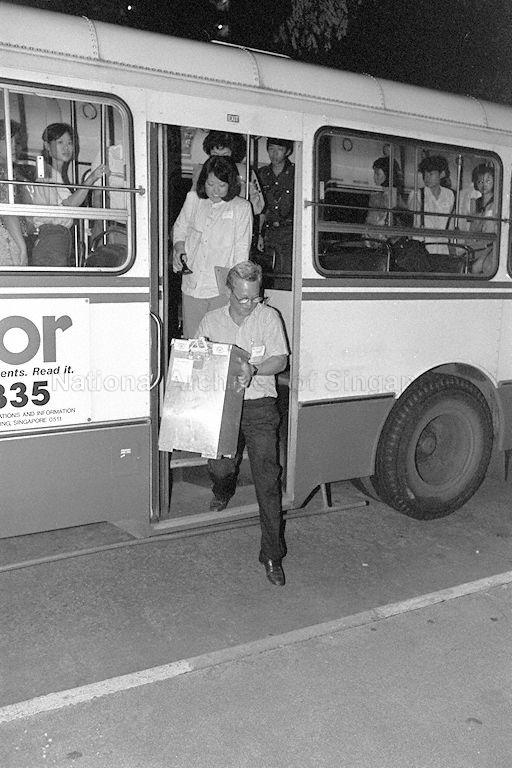 General Election 1988 - Sealed ballot boxes arriving at Geylang Methodist Secondary School, the counting centre for Aljunied, Hougang, MacPherson, Punggol and Paya Lebar constituencies.