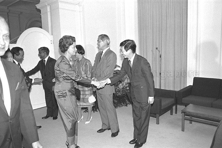 Princess Monique, wife of Cambodian Prince Norodom Sihanouk, and her son Prince Ranariddh (third from left) meeting Singapore officials at dinner hosted by President Wee Kim Wee and First Lady at Istana. Second from right are Member of Parliament for Serangoon Gardens Dr Lau Teik Soon, wife of Foreign Minister Mrs Christine Dhanabalan, and Mr S Dhanabalan. 