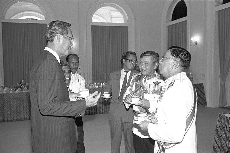 Acting Supreme Commander of the Royal Thai Armed Forces General Chavalit Yongchaiyudh at a reception after the investiture ceremony at Istana. From right are General Chavalit, Singapore Armed Forces' (SAF) Chief of the General Staff Lieutenant-General Winston Choo, Thai Ambassador Asda Jayanama, Minister of National Development S Dhanabalan, and Acting Prime Minister and First Deputy Prime Minister Goh Chok Tong.