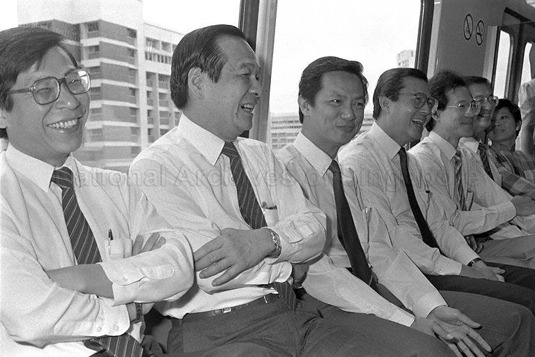 Minister for Communications and Information Dr Yeo Ning Hong taking inaugural ride from Jurong East station to Lakeside station and back. From left are Minister of State for Communications and Information Mah Bow Tan, Chairman of MRT Corporation (MRTC) Michael Fam, Dr Yeo, Chairman of Singapore MRT (SMRT) Fock Siew Wah, Acting Health Minister Yeo Cheow Tong, Executive Director of MRTC and Managing Director of SMRT Lim Leong Geok, and Member of Parliament for Yuhua Yu-Foo Yee Shoon.