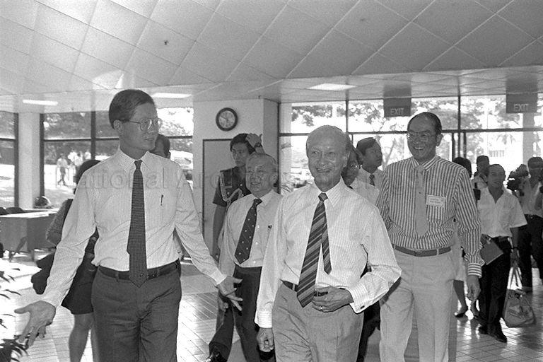 President Wee Kim Wee arriving at Ngee Ann Polytechnic. With him is Minister of State for Education Dr Tay Eng Soon (left).