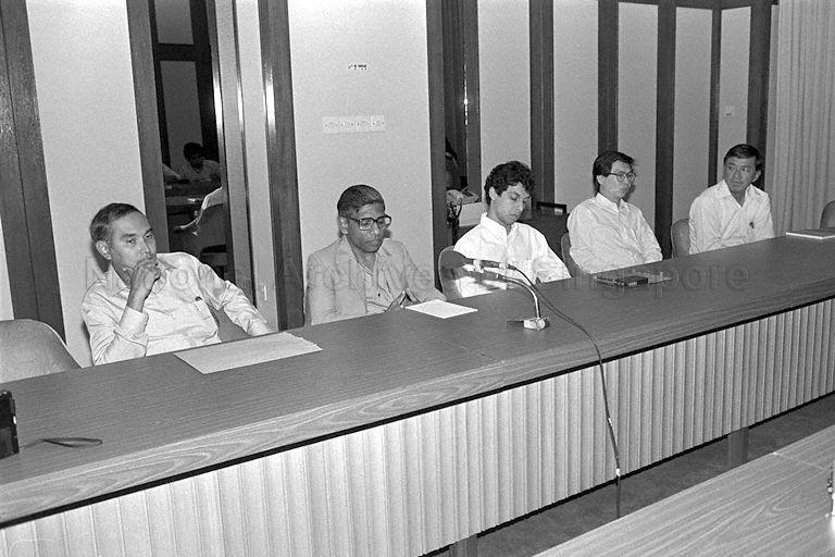 Foreign Minister S Dhanabalan and his ministry officials at a press conference on Prime Minister Lee Kuan Yew and Indonesian President Suharto's meeting