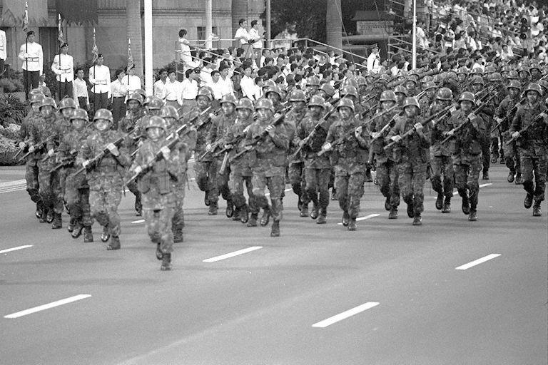 National Day Parade 1987 at the Padang -- Singapore Armed Forces (SAF) contingent marching