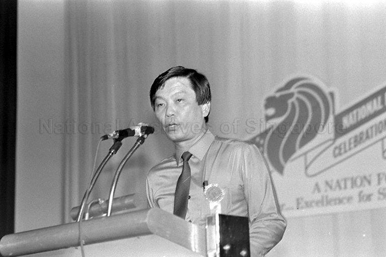 Official speaking during National Day Dinner at Changi Community Centre, New Upper Changi Road East where guest of honour is First Deputy Prime Minister and Minister for Defence Goh Chok Tong.