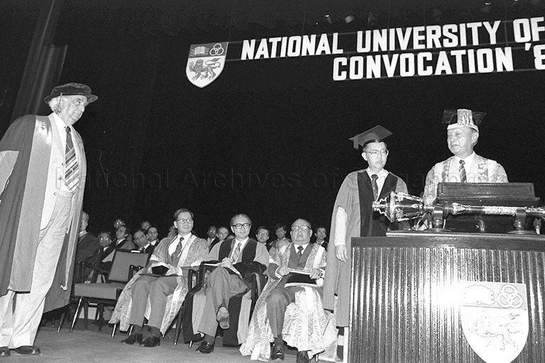 Singapore's ambassador to France, Portugal and Spain David Marshall waiting to receive an honourary Doctor of Laws degree from President Wee Kim Wee on the first day of the National University of Singapore's convocation ceremony. 