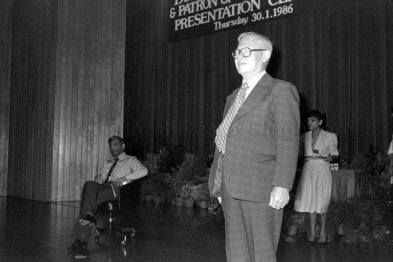 Cultural Medallion winner for Drama Low Ing Sing being introduced on stage during 1985 Cultural Medallion and Patron of the Arts awards presentation ceremony at Development Bank of Singapore (DBS) auditorium