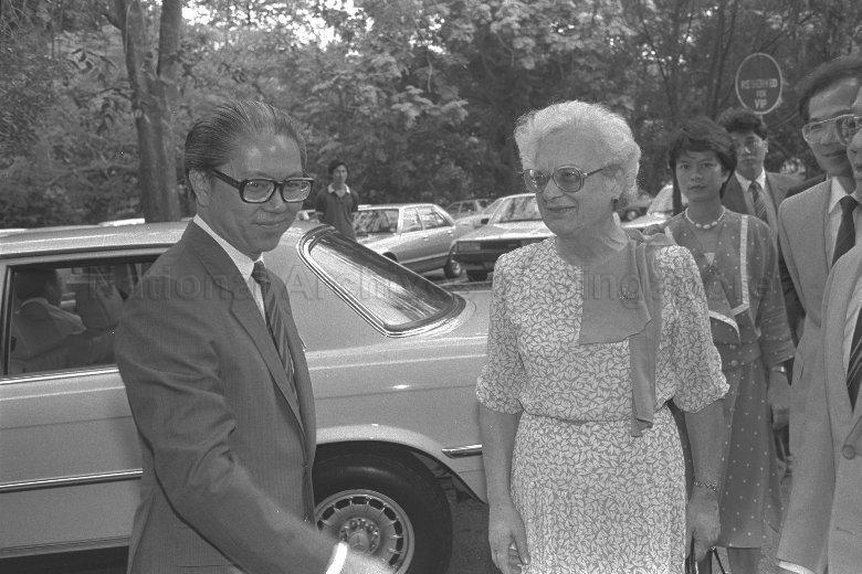 President of Malta Miss Agatha Barbara being welcomed by Minister for Education and Trade and Industry Dr Tony Tan Keng Yam when she visits the Ministry during her five-day state visit to Singapore.