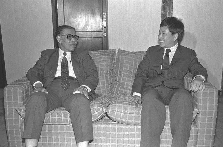 Burmese Prime Minister U Maung Maung Kha (left) with Parliamentary Secretary to Ministry of Education Tang Guan Seng when the Burmese Prime Minister arrives for a four-day visit to Singapore