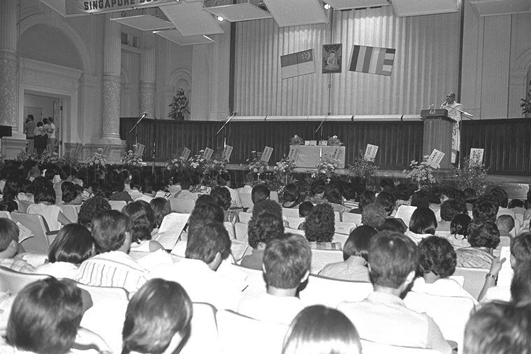 Buddhist monk from Singapore Buddhists' Vesak Celebration Committee speaking during Vesak Day Concert at Victoria Concert Hall. President Wee Kim Wee was guest of honour at the event.