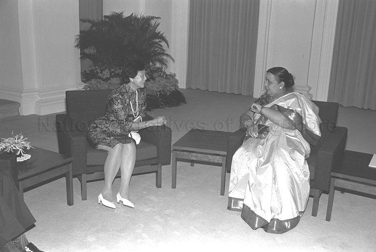 Wife of Indian High Commissioner Mrs K Sankaran Nair with wife of President Mrs Wee Kim Wee when the Indian High Commissioner presents his Letter of Credence to President Wee at Istana