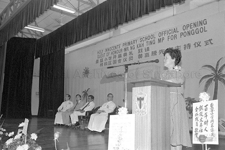Principal of Holy Innocents' Primary School Miss Goh Boon How speaking during the school's opening at Lorong Low Koon,