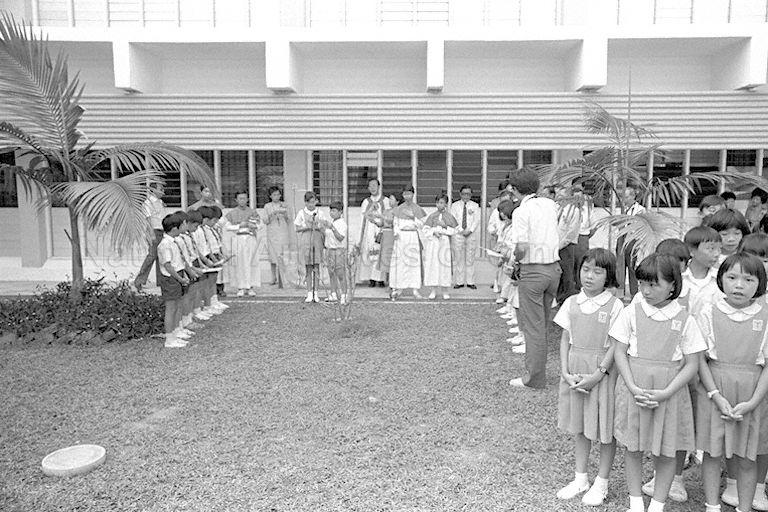 Students at the opening of Holy Innocents' Primary School at Lorong Low Koon.
