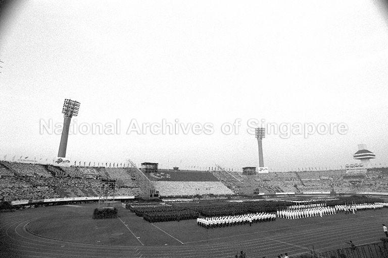 National Day Parade 1986 at National Stadium -- Contingents assembled on field