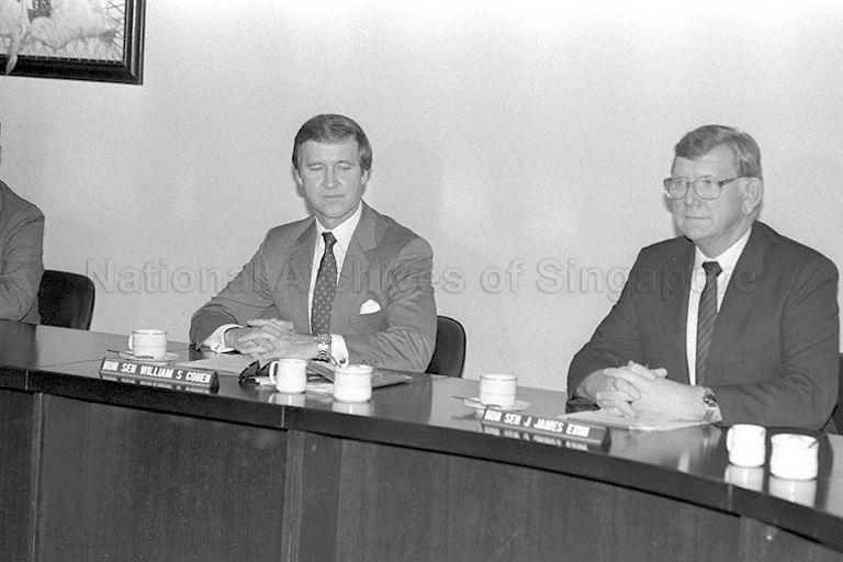 From right are, United States (US) Democrat Senator James Exon representing Nebraska and US Republican Senator representing Maine William Cohen at meeting during their call on Minister for Communications and Information and Second Minister for Defence Dr Yeo Ning Hong at Ministry of Defence.
