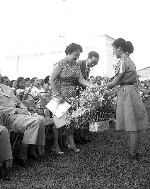 Presentation of flower basket during opening of Singapore Youth Sports Centre at old Kallang airport