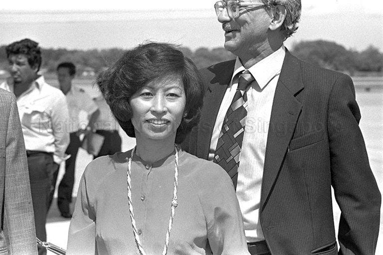 Wife of Minister for Communications and Labour Madam Ling Siew May at the airport to give send-off to Malaysian Deputy Prime Minister Datuk Musa Hitam and wife Datin Maria after their official visit to Singapore