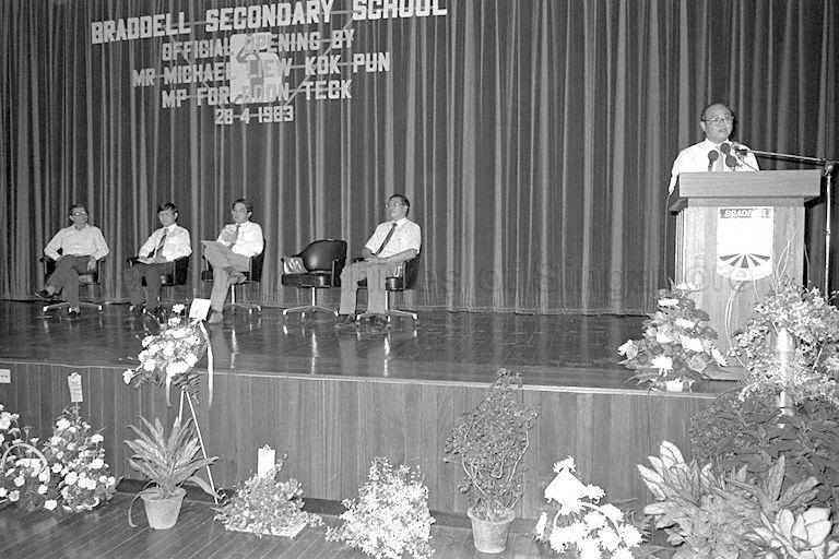 Official speaking during opening of Braddell Secondary School
