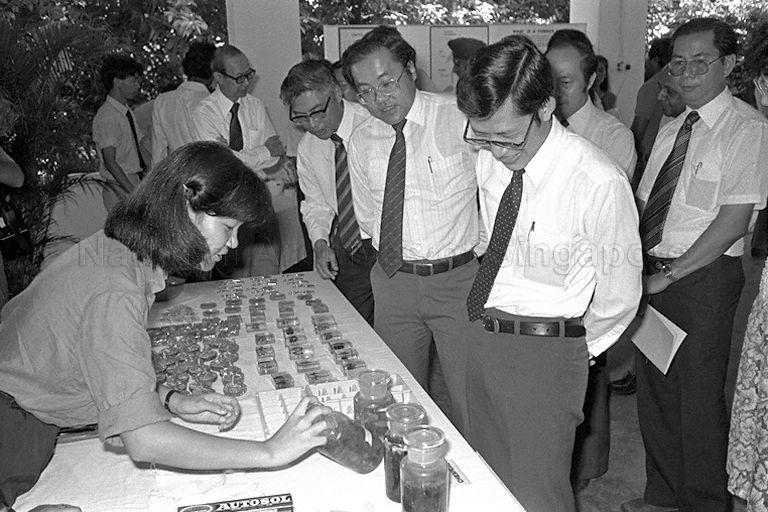 Minister of State for National Development Lee Yock Suan (front right) being shown the different types of soil. At the far end of the table is Director of Parks and Recreation Department Dr Chua Sian Eng. Mr Lee had earlier presented diplomas and certificates to 66 graduates of the School of Ornamental Horticulture at its ninth convocation ceremony held at Botanic Gardens.