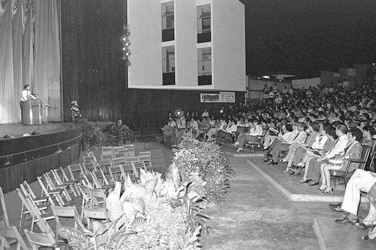 Minister of State for Education Dr Tay Eng Soon (rostrum) addressing guests at opening of Singapore Youth Festival held at National Theatre