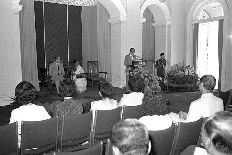Chairman of the organising committee Dato Ko Teck Siang officiating at opening ceremony of 1983 Red Cross donation draw at Istana. Facing the camera from left are Chairman of Singapore Red Cross Society Goh Kee Song and First Lady Mrs C V Devan Nair.