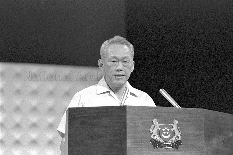 Prime Minister Lee Kuan Yew delivering National Day Rally speech at National Theatre