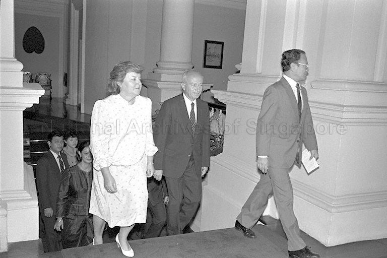 Turkish Prime Minister Bulend Ulusu and Mrs Mizat Ulusu, who are on a two-day private visit to Singapore, arriving at Istana to call on President C V Devan Nair