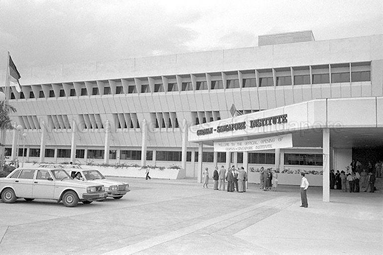 Guests standing at the main building of German-Singapore Institute of Production Technology at 10 Science Centre Road in Jurong on its official opening day