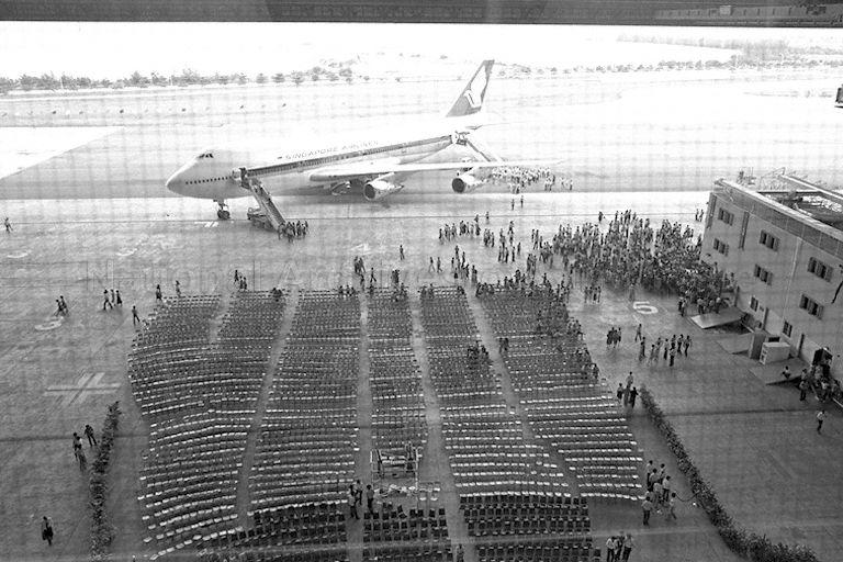 Venue for official opening of Airline House at Changi Airport with Singapore Airlines (SIA) aircraft in the background