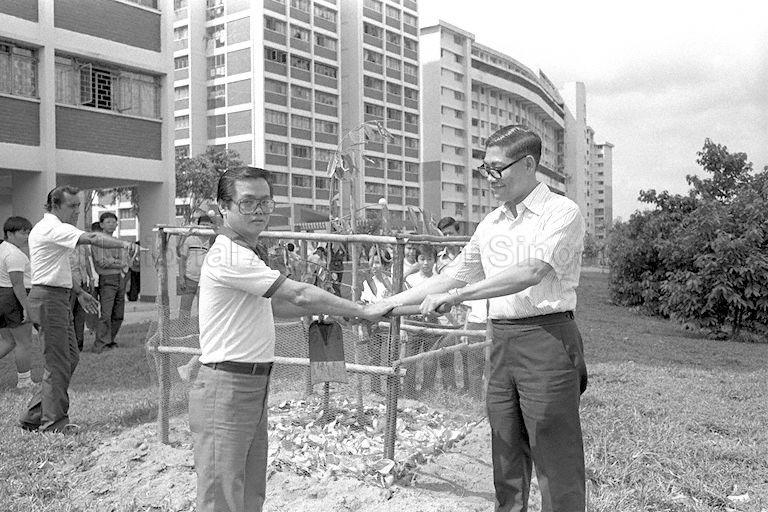 Minister for Home Affairs and Member of Parliament for MacPherson Chua Sian Chin (right) turning the 85-tree orchard, ringing MacPherson estate, over to the residents' committee by handing its chairman, James Sim (left), a changkol during the tree planting ceremonies around Blocks 120 to 124 in Paya Lebar Way on Tree Planting Day. This symbolised the passing over of the responsibility of maintaing the orchard of mango, rambutan and durian trees.