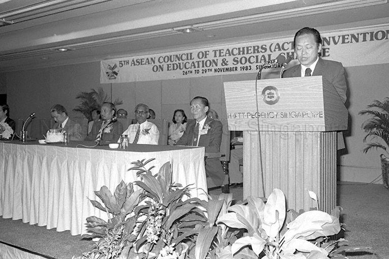 Minister for Finance and Trade and Industry Dr Tony Tan (seated second from left) at the opening of the fifth Association of Southeast Asian Nations (ASEAN) Council of Teachers convention held at Hyatt Hotel. The theme of the four-day convention, organised by six teachers associations here, is Education and Social Change.