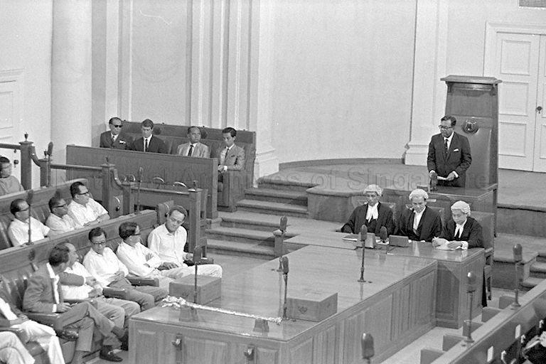 Prime Minister Lee Kuan Yew with Cabinet colleagues and members of the People's Action Party (PAP) during the first meeting of the newly-elected all PAP Parliament in Parliament House, Empress Place