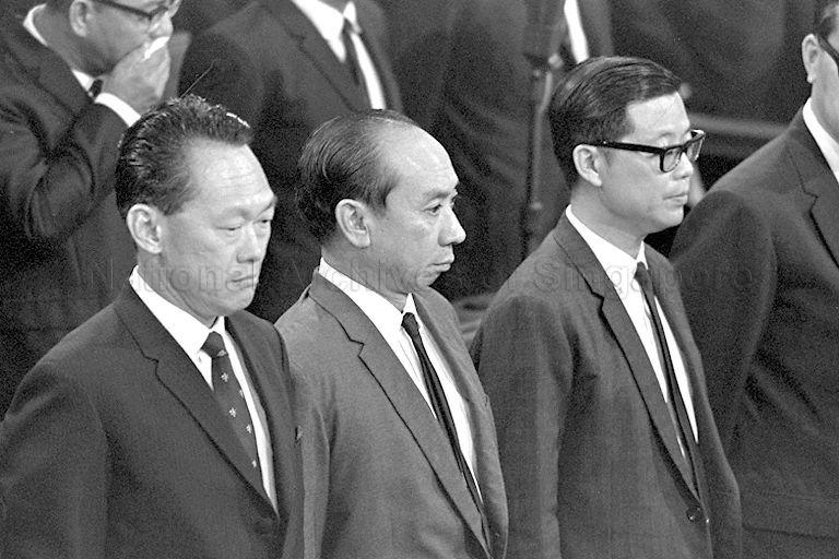 (From left) Prime Minister Lee Kuan Yew, Minister for Finance and Member of Parliament (MP) for Kreta Ayer, Dr Goh Keng Swee and Minister for Education and MP for Telok Ayer, Ong Pang Boon at the first meeting of the newly-elected all People's Action Party (PAP) Parliament in Parliament House, Empress Place