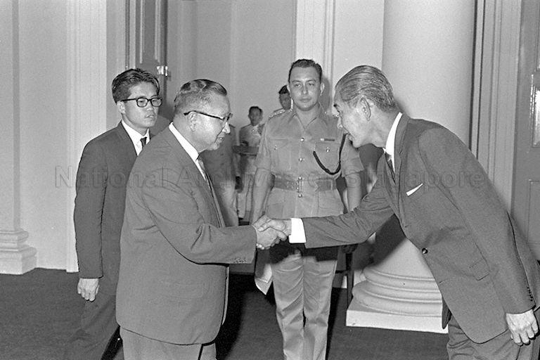 Vice President of North Korea Kang Ryang Wook, who is on a nine-day official visit to Singapore, calling on Acting President Wee Chong Jin (right) at Istana