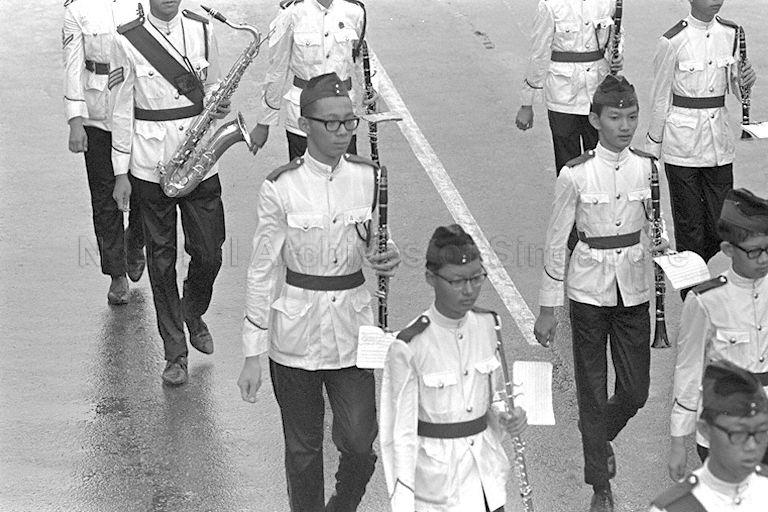National Day Parade 1968 at the Padang - Close-up of members of combined schools band, including Lee Hsien Loong (left row, holding clarinet), elder son of Prime Minister Lee Kuan Yew