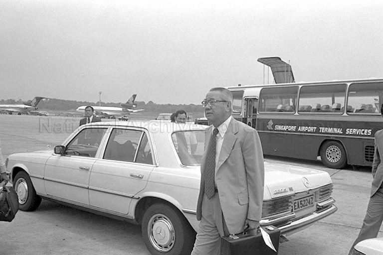 Minister for the Environment Lim Kim San, who is a member of Prime Minister Lee Kuan Yew's entourage to the Philippines, arriving at Singapore Paya Lebar Airport for his flight to Manila